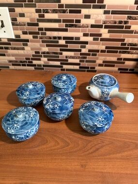 Blue Floral Ceramic Tea Set - 6 Pieces
